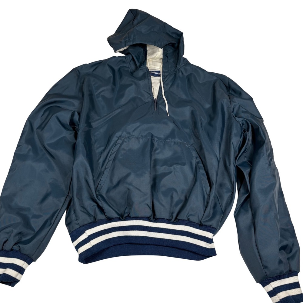 Holloway Vtg Pullover Jacket Mens Size L 1/4 Zip Blue‎ White Stripe Hooded Satin